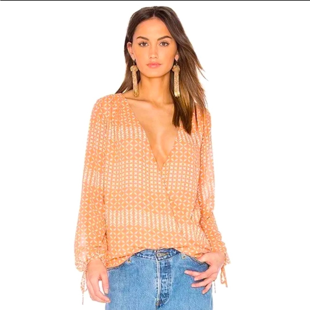 Revolve L’Academie Peach & Cream Wrap Blouse Size Small S